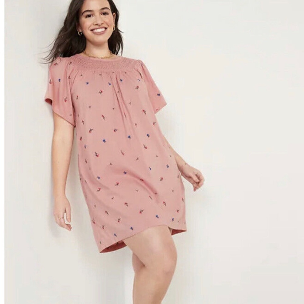 Old Navy Flutter-Sleeve Smocked Floral-Embroidered Mini Swing Dress for Women